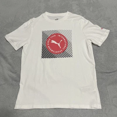 Camiseta Puma Para Hombre Blanca Mediana Desvanecida Gráfica Rosa Logo Ropa Activa Informal Foto 1 de 4