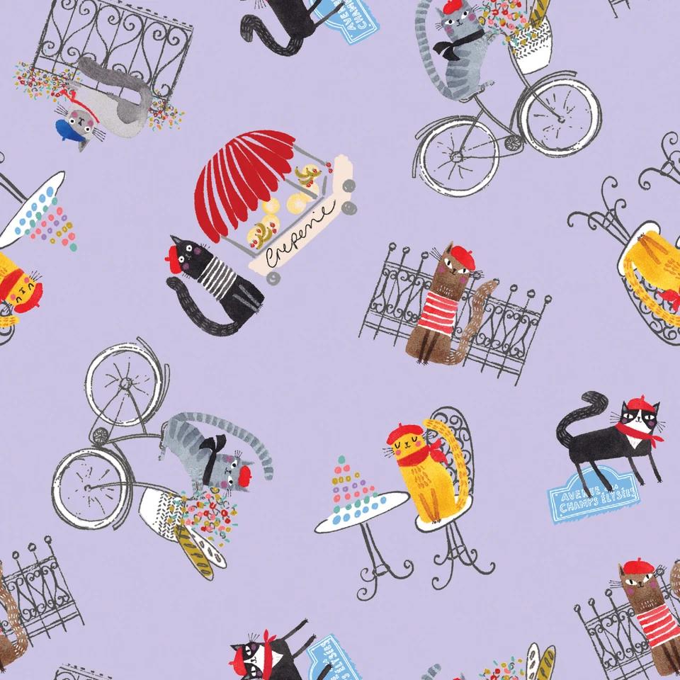 GATOS EM PARIS ~ Gatinho Francês ~ Flores de Bicicleta em Roxo ~ Terry Runyan Benartex - Imagem 1 de 1