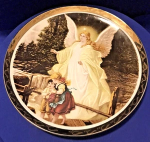 Gold Rim Plate-Guardian Angel Protecting Children Cross Bridge-FREE Stand, Japan - Picture 1 of 7
