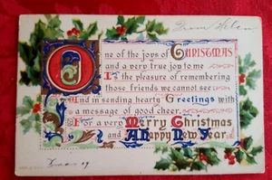 Vtg 1909 " MERRY CHRISTMAS AND A HAPPY NEW YEAR " Postcard - Picture 1 of 2
