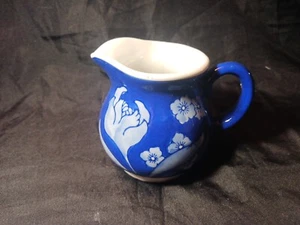 April Cornell Ceramic Creamer Small Pitcher Blue Glaze White Lotus Flower 3.5" - Picture 1 of 7