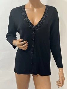 LOULOU Black Beaded V-Neck Cardigan Sweater with Black Shell Buttons Fit Medium - Picture 1 of 10