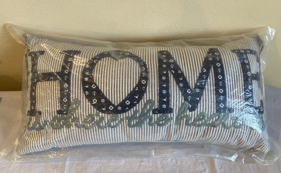Pier 1 Nautical Stripe Embroidered Throw Pillow Blue HOME IS WHERE THE HEART IS - Image 1 of 4