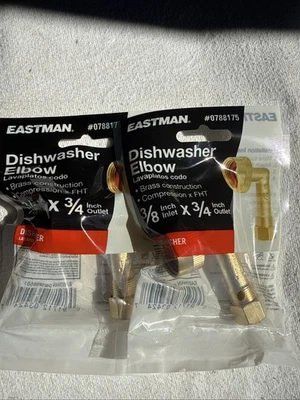(2) Novos pacotes de conector de cotovelo de latão para máquina de lavar louça Eastman 3/8" x 3/4" 0788175 - Imagem 1 de 2