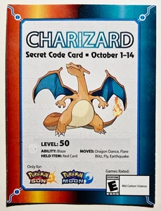 Pokemon Sol y Luna - Tarjeta Código Secreto Charizard *NUEVA/SIN RAYAR* 2017 Nintendo - Imagen 1 de 2