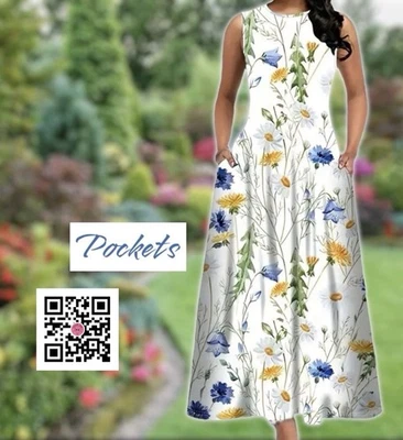 Maxi Dress Women Size 18-20 Pockets Bluebells Safflowers Cornflowers Chamomiles - Image 1 of 4