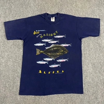 VINTAGE Alaska For the Halibut Fish 1996 Shirt Mens Large Blue Salmon 90s * FLAW - Image 1 of 4