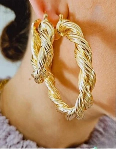18k Gold Plated Twisted Hoop Earrings Hypoallergenic stainless steel Womens - Picture 1 of 8