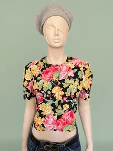 Vintage Benetton Cotton Shirt / Blouse / Summer Jacket. Black & Floral. Size 14. - Picture 1 of 6