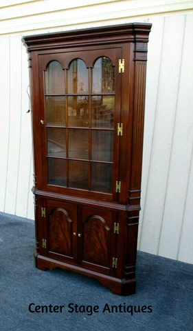 62875 Burled Mahogany Lighted Corner China Cabinet w adjustable glass shelves Cover