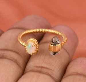 Gold Plated Double Raw Stone Ring Herkimer Diamond & Fire Opal Twisted Ring