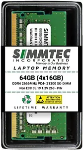 Simmtec RAM 64GB (4x16GB) DDR4 2666MHz SODIMM PC4-21300 (PC4-2666V) CL19 1.2V - Picture 1 of 6