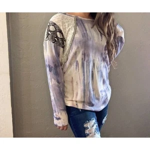 NEW Tie Dye Knit Top With With Print Block Shoulder womens Small boho casual - Picture 1 of 3