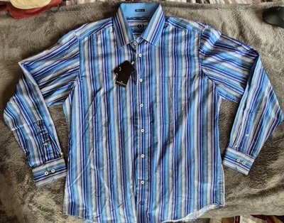 Bugatchi Shirt Mens Large Blue Striped Classic Fit Long Sleeve Button Up Cotton - Image 1 of 4