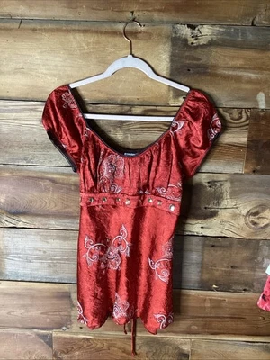 Vtg Y2K Heart Soul Baby Doll Top X- Large Red Satin Embroidered Jeweled Tie Back - Image 1 of 4