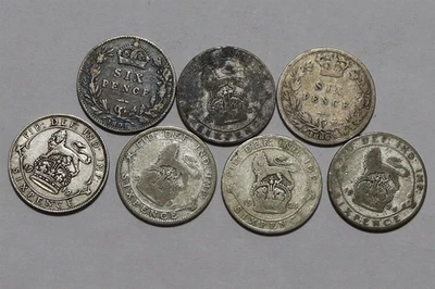 🧭 🇬🇧 UK GB 6 ПЕНСОВ КОЛЛЕКЦИИ - 7 СЕРЕБРЯНЫХ МОНЕТ B88 #143 XU32 - Изображение 1 из 3