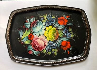 VTG Black Enamel Russian Folk Art Painted Flowers 18" x 12.5" Platter Signed MCM - Image 1 of 4
