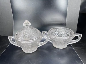 Sugar candy Bowl 2 Vintage Pressed Glass Two Handle Lid Pin Wheel Design clear - Picture 1 of 15