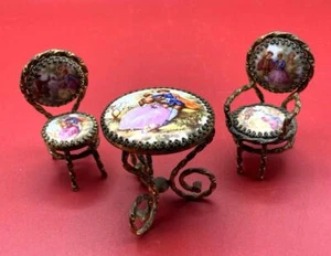 LIMOGES FRENCH LOUIS 15TH STYLE MINIATURE TABLE AND TWO CHAIR SET - Picture 1 of 1