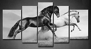 5 Panel Wall Art Black Friesian Running Horse Trot On The Field On Sunset Gra... - Picture 1 of 7