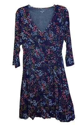 Garnet Hill Womens Black Floral Faux Wrap Size L Dress Dark Fairy V-Neck 3/4 Slv - Image 1 of 4
