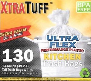 13 Gallon White Trash Bags w/ Ties Kitchen Trash Bags BPA Free 130 COUNTS(1PACK) - Picture 1 of 3