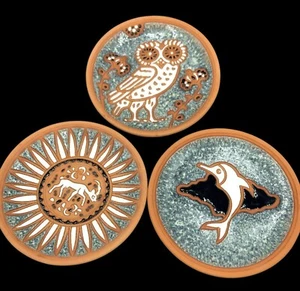 Set Of 3 Handmade Bonis Pottery Trinket Dishes Plates Rhodes Greece Terracotta O - Picture 1 of 24