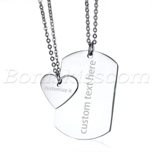 2pcs Couples Stainless Steel Custom Engraving Tag Heart Puzzle Pendant Necklace - Picture 1 of 8