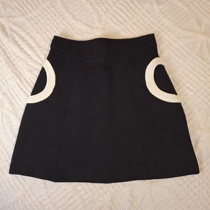 H&M Black A-Line Skirt Size 10 White Circle Pockets Lined Crepe Back Zip Retro - Picture 1 of 9