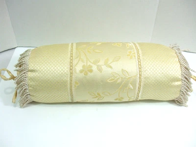 Neck Roll Pillow Beige Tan Floral Fabric Round Bolster Fringe w/ Ribbon Ends 18" - Image 1 of 4