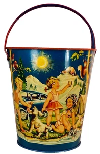 Children Camping Sand Bucket Pail Volkswagon Porsche Tin Lithograph W Germany - Picture 1 of 14