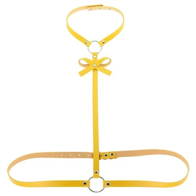 Adjustable Women's PU Leather Bow Tie Collar & Waist Belt Set Punk Body Harness - Image 1 of 4
