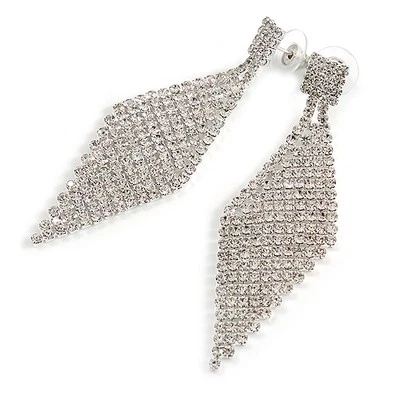 Brincos lustre longos de malha de cristal transparente em tom de prata - 70 mm L - Imagem 1 de 4