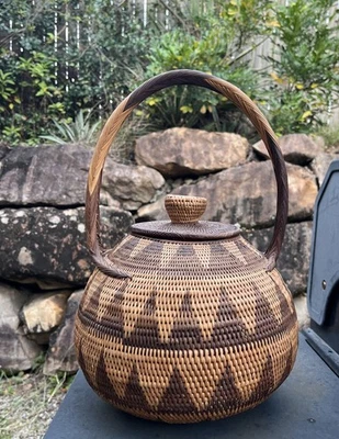 Vintage Papua New Guinea Buka Handwoven Basket with Lid Handmade PNG 42cmTall - image 1 of 4