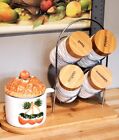  Sugar Bowl w/ Lid & Spoon Wood Base Ceramic Spice jars & Lids on Metal Rack