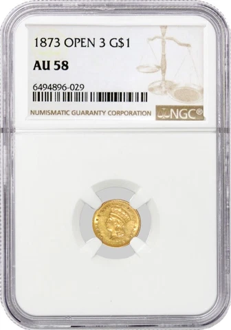 1873 Open 3 $1 Indian Princess Head Type 3 Gold Dollar NGC AU58 Coin Cover