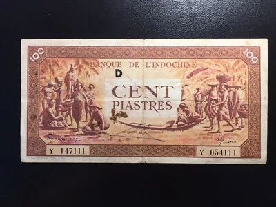 French Indochina 100 Piastres 1942-1945 Pick 66 Circulated S/N Y 147111 / 054111 - Image 1 of 2