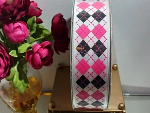 50 yards Kirkland wire edged ribbon argyle pink white & black 1.5 inches wide - Picture 1 of 4