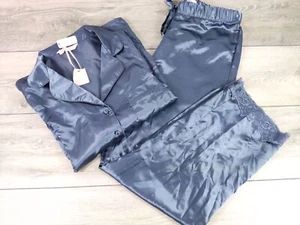 NEW Boux Avenue Navy Blue Satin Revere PJ Set Pyjamas UK 10 - Afbeelding 1 van 6