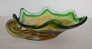 Vintage Amber Green Swirl Art Glass Cornucopia Candy Dish Hand Blown - Picture 1 of 10
