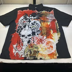 BLUES FLAME BIKER SKULL TATTOO ART ROCKABILLY BOWLING SHIRT Mens L - Picture 1 of 5