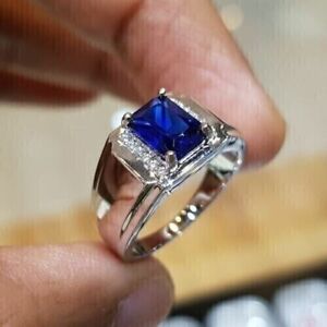 14k White Gold Plated 2Ct Men's Pinky Ring Emerald Cut Lab Created Blue Sapphire