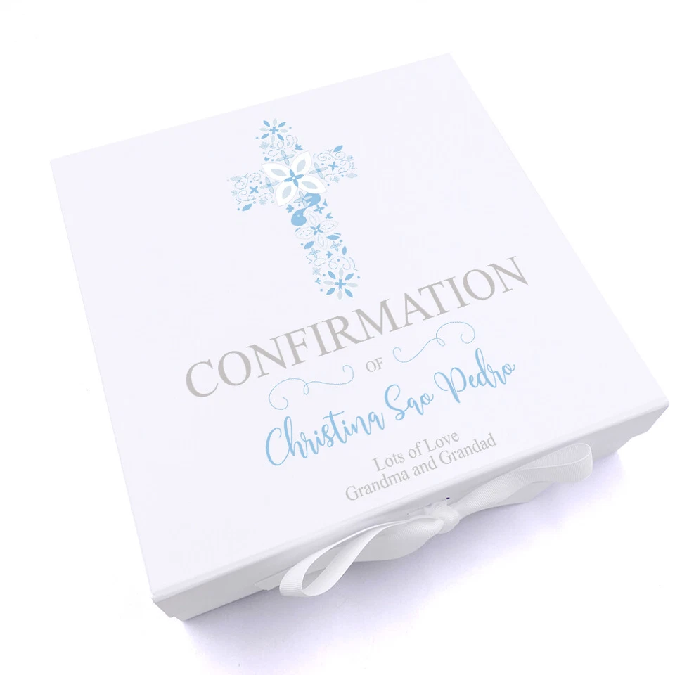 Caixa de memória lembrança cruz ornamentada azul confirmação personalizada UV-313 - Imagem 1 de 1