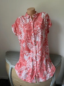 Old Navy Shirt Dress Women's XL Coral Tropical Coastal Palm Hawaiian Linen Blend - Picture 1 of 8