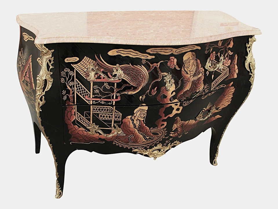 Elegante Cómoda Estilo Francés Luis XV Laca Negra Pintada a Mano Motivos Asiáticos Foto 1 de 4