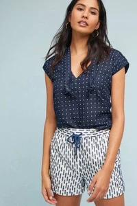 Anthropologie White Navy Panella Textured Shorts Pockets Linen Blend Sz L NEW - Picture 1 of 11