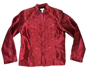 Chico's Twirling Applique Tiena Jacket Top Blouse Cardinal Red Lined Sz 1 Button - Picture 1 of 11