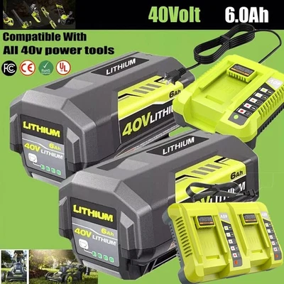 6.0 安电池 40 伏适用于 Ryobi 40 伏锂离子 OP40602 OP4050 带 LED/充电器 — 第 1/4 张图片