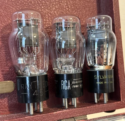 Three 45 Vacuum Tubes. Raytheon Engraved Base, RCA, Sylvania. All Test V Strong. - Image 1 of 4
