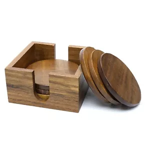 Wooden Round Coasters Set of 6 Acacia Wood for Drinks, Coffee & Tea Home Dinning - Picture 1 of 15